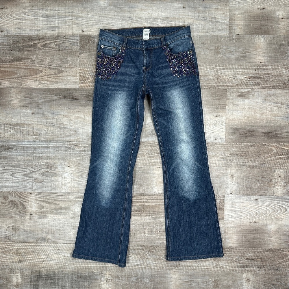 Y2K Cache Wide Leg Beaded Pockets Blue Denim Jeans Women's 6 x 31" Inseam